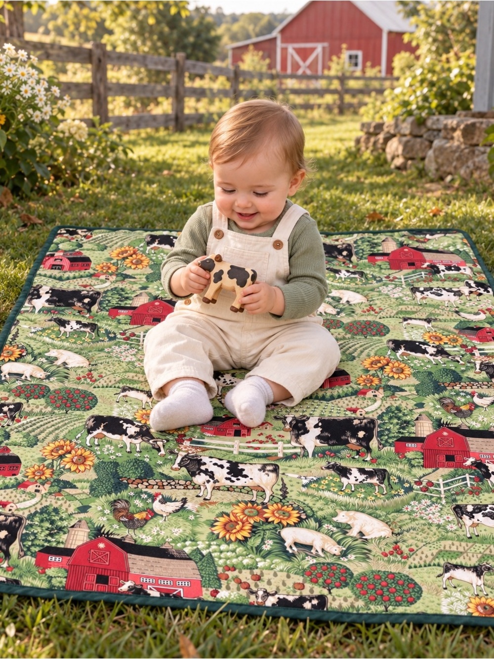 Padded Farm Cow Baby Blanket Play Mat 29x43 Cottagecore Western Country Accent